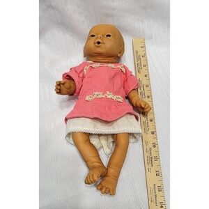 Vintage Anatomically Correct Baby Boy Doll Tan Vinyl 13 Inch Pink Outfit Lace